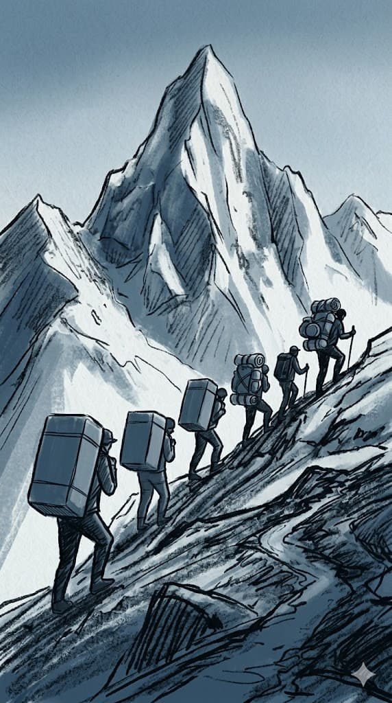 Trekkers carrying sailing equipment in the mountains